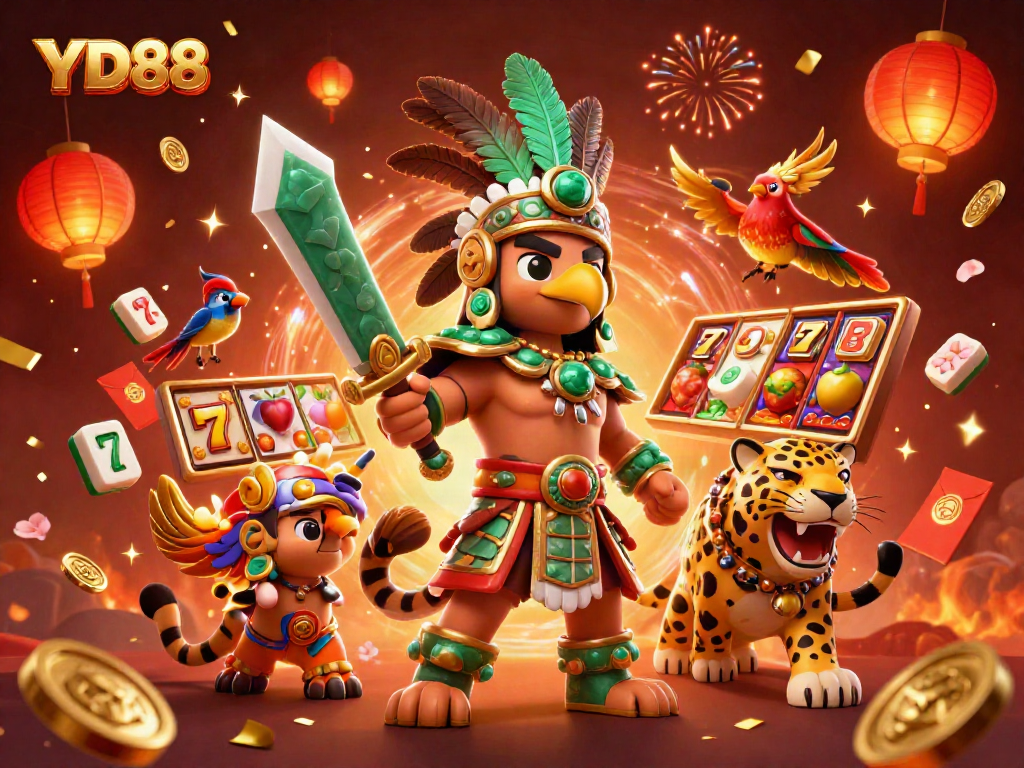 Experience the excitement of YD88 with a vibrant 3D illustration showcasing warriors amidst colorful slot games.