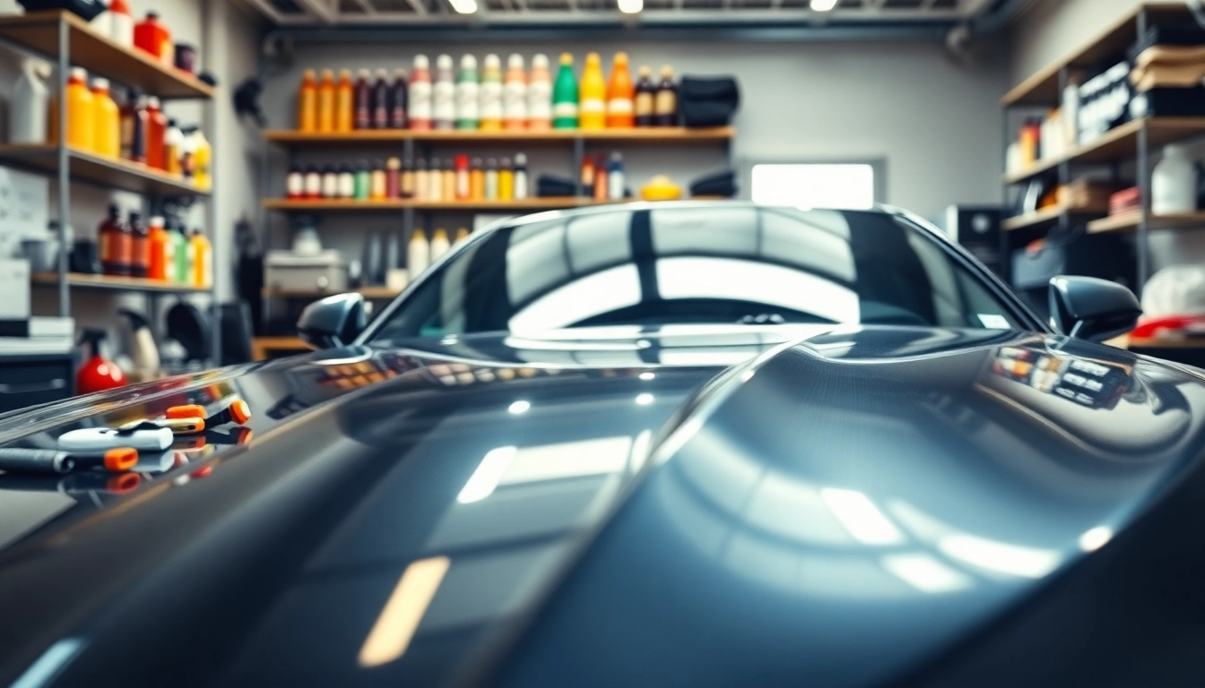 Detailing a car routine step by step with pristine tools and vibrant products in a bright workshop.