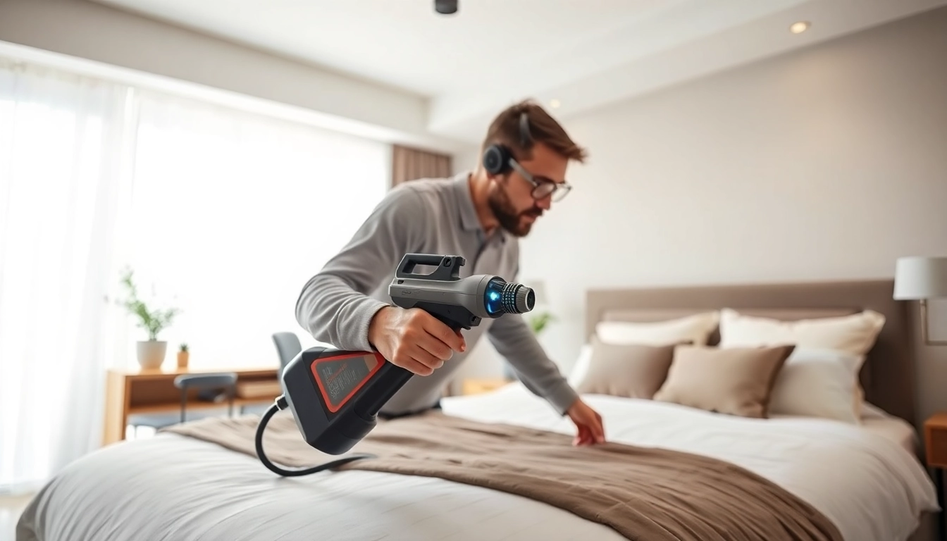 Exterminator performs bed bug treatment in a well-lit, modern bedroom focusing on safe application techniques.