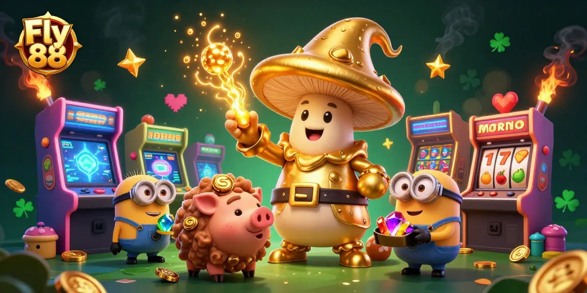 Experience the magic of Fly 88 with a golden wizard, treasure pig, and vibrant game elements.