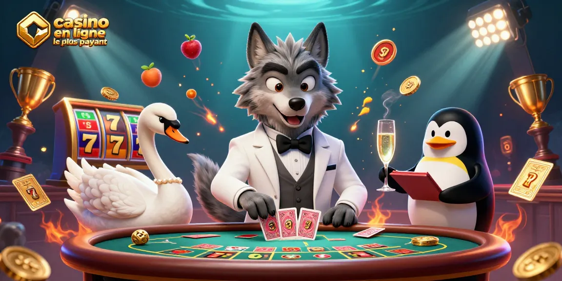 Découvrez le casino en ligne le plus payant avec le loup, le cygne et le pingouin dans une scène festive et dynamique.