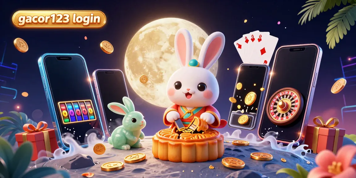 Experience the thrill of gacor123 login with a 3D rabbit character showcasing poker chips and slot games in a vibrant casino scene.