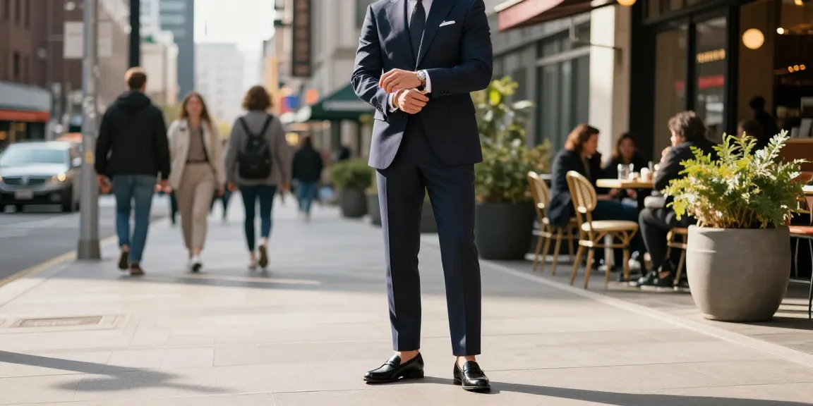 Stylish man wearing men's black loafers and a tailored suit on a city street.