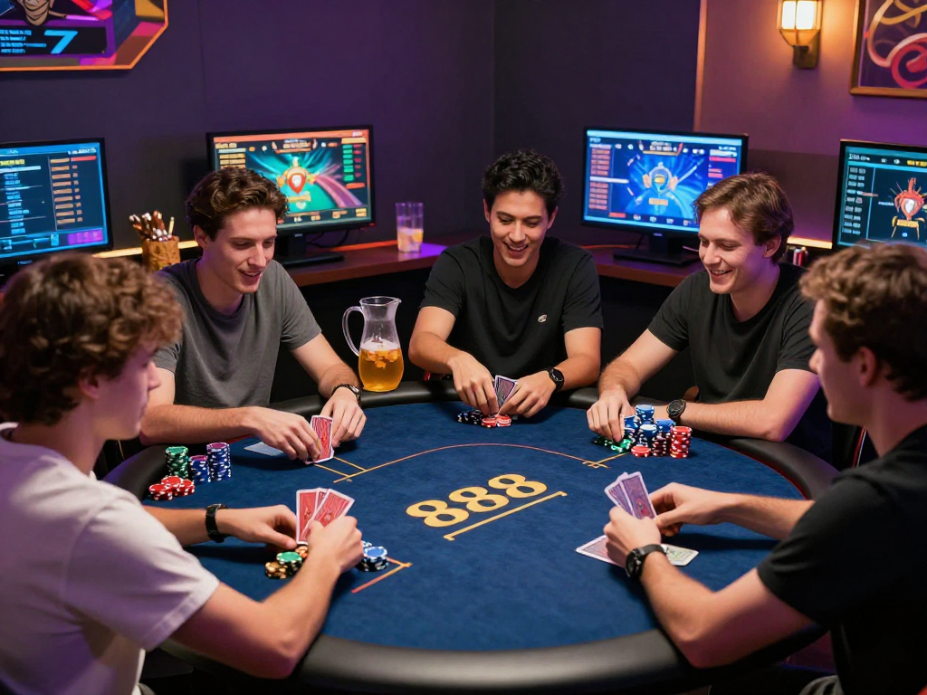 Engaging Poker88 gaming scene with friends playing cards, vibrant atmosphere, and digital displays.