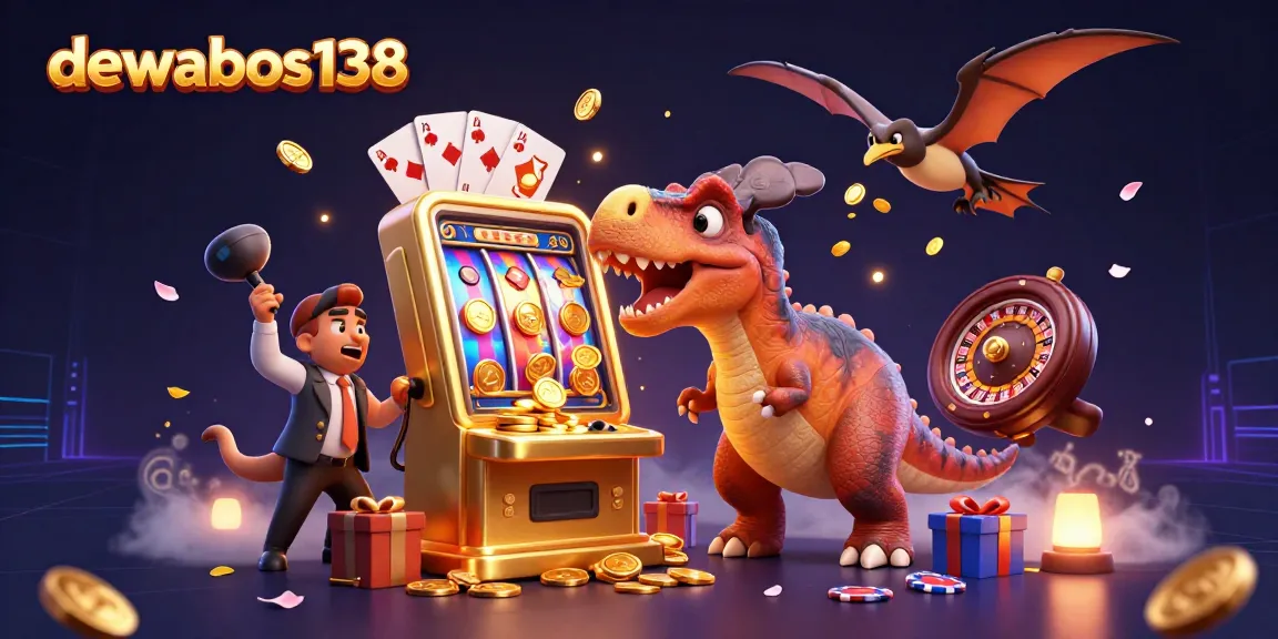 Experience the excitement of dewabos138 as a dinosaur activates a golden slot machine, sending coins flying.