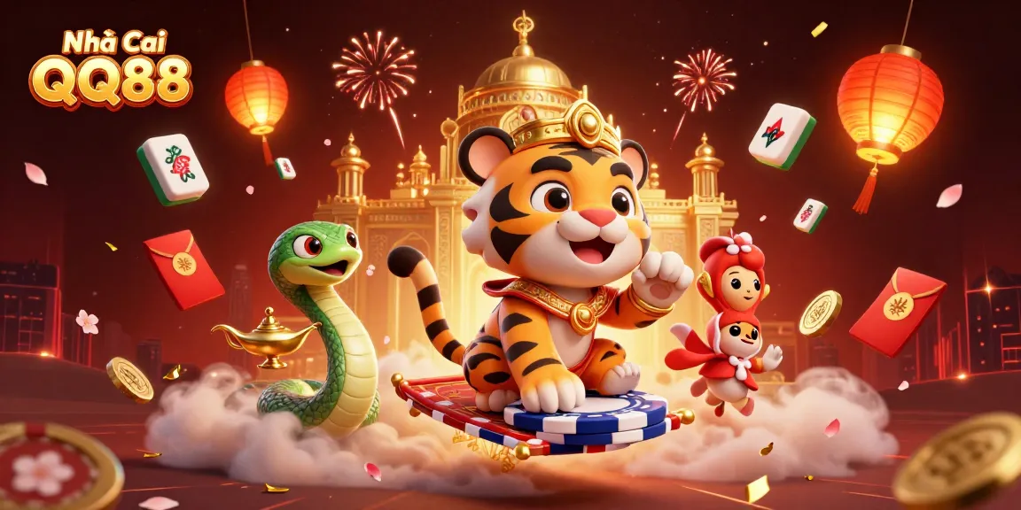 Experience the thrill of betting with Nhà Cái QQ88 in a vibrant, cartoonish casino scene featuring magical characters.