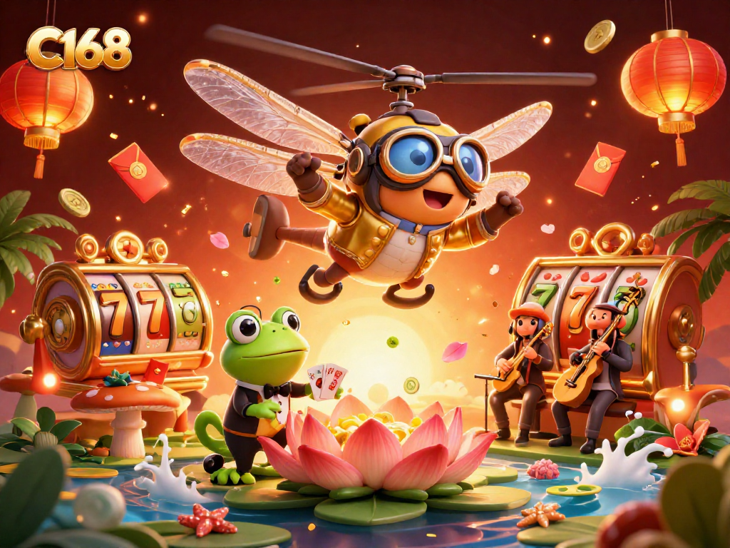 C168 online casino showcasing a vibrant dragonfly pilot and frog croupier amidst exciting slot treasures and festive decorations.