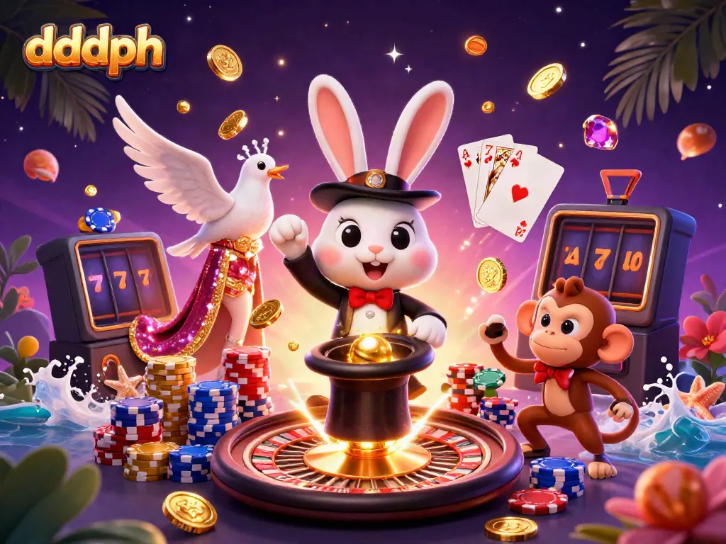 Experience the magic of dddph with a vibrant 3D casino scene featuring a magician rabbit and poker chips.