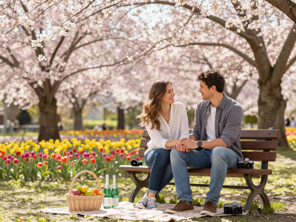 Couple enjoying a romantic moment in the park, showcasing the crush on love and connection amidst blooming cherry blossoms.