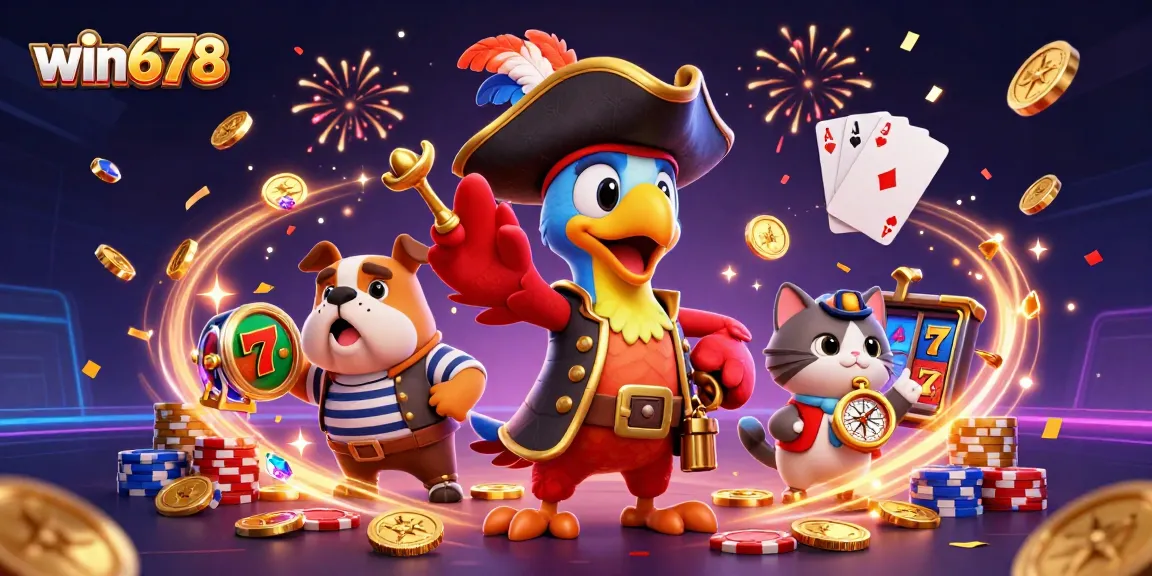 Experience exciting wins with win678 in a vibrant 3D casino scene filled with slots and treasures!
