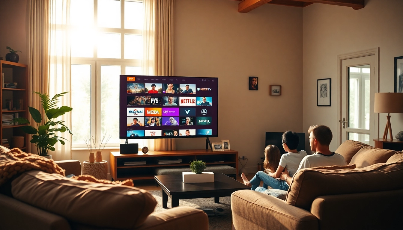 Enjoying IPTV provider in US family movie night in a cozy living room atmosphere