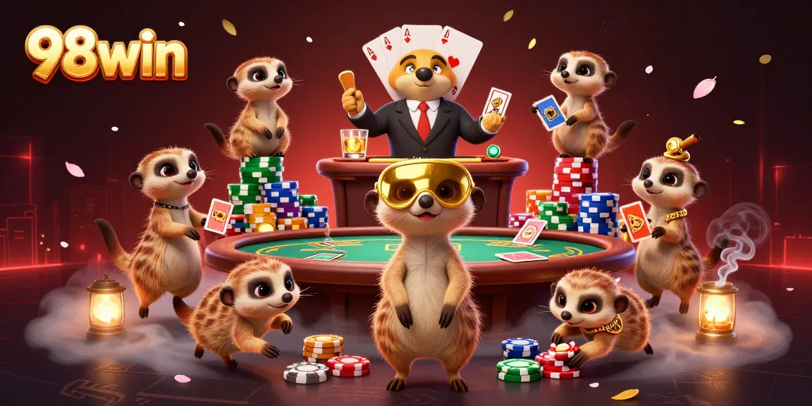 Experience exciting gameplay with 98win as meerkats manage a vibrant casino scene.