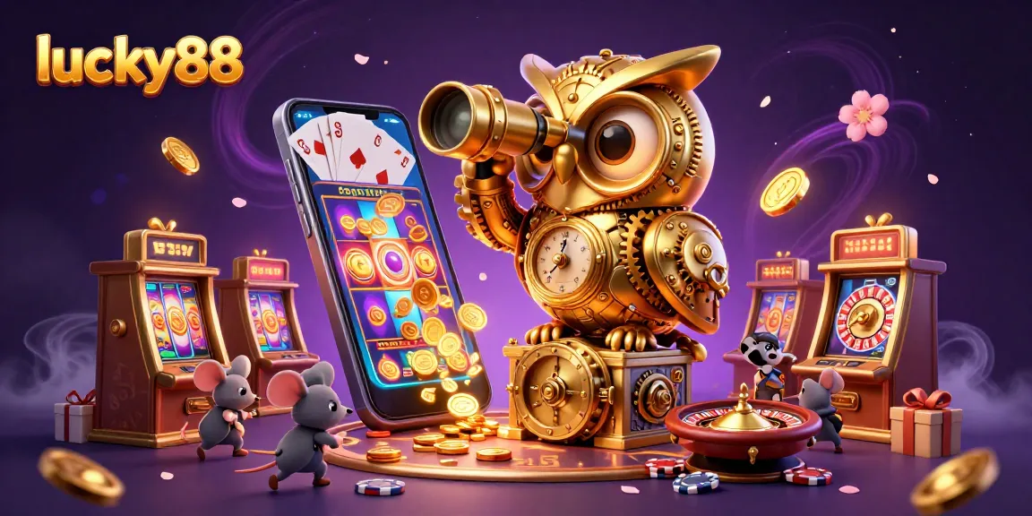 Experience the thrill at lucky88 with gold coins and vibrant slot games overflowing in this immersive illustration.