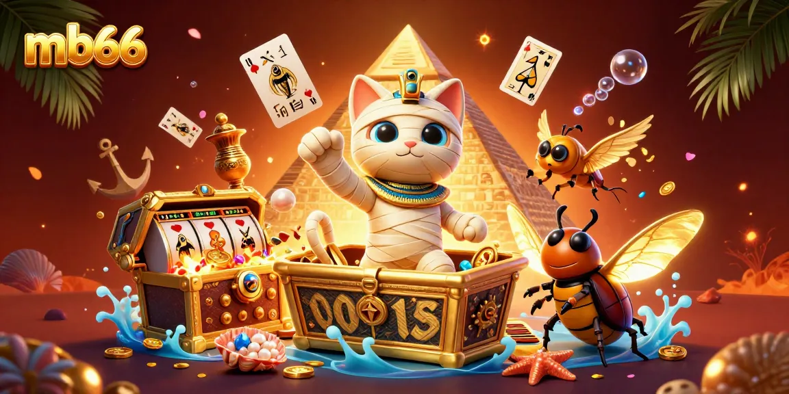 Experience thrilling gaming action with mb66 inside a dynamic pyramid casino scene featuring an Egyptian mummy cat.