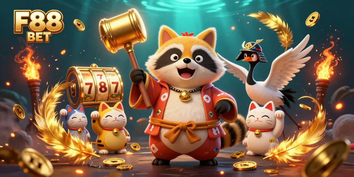 Experience F88 BET excitement with a cheerful tanuki and colorful fortune cats in a vibrant casino scene