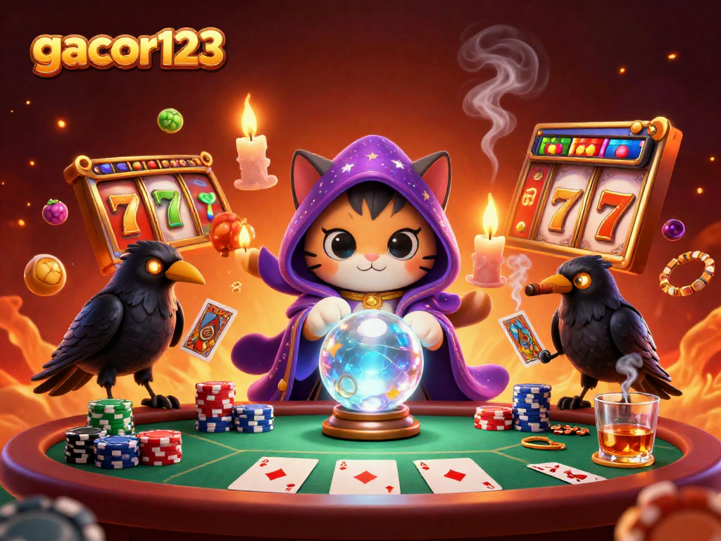 Experience the thrill of gacor123 with a mystical cat and vibrant slot reels in a captivating casino scene.