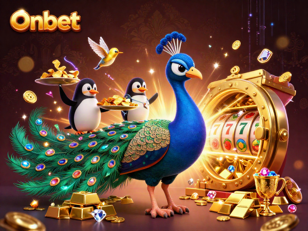 Engage with Onbet's slot adventures featuring a vibrant 3D scene of winning characters and rich treasures.