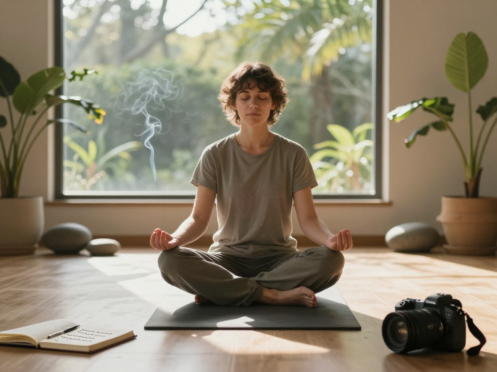 Practicing mantra 88 in peaceful meditation space with natural light.