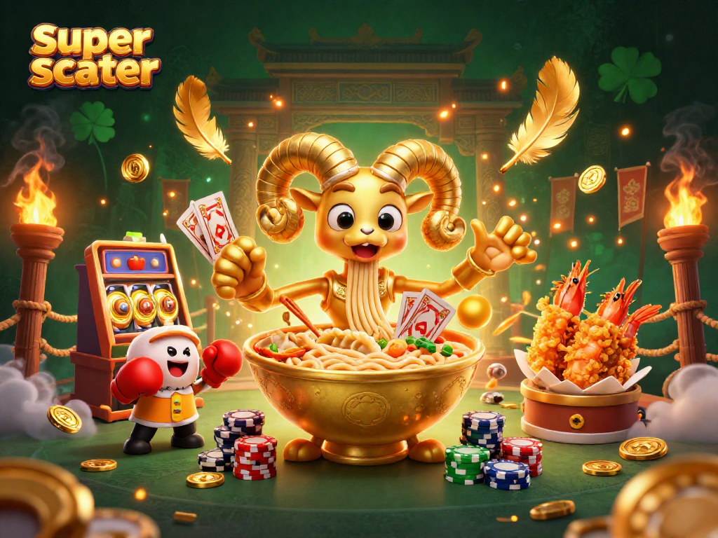 Engage with the super scatter action as golden ramen deals cards in a vibrant casino atmosphere.