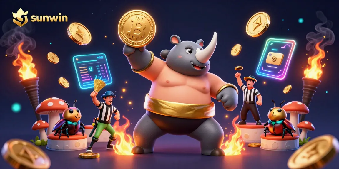 Experience sunwin as the sumo beetle champion sends coins flying amidst vibrant crypto elements.