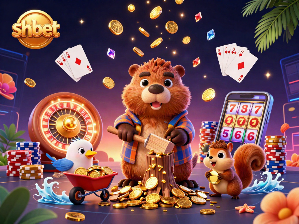 Engage with shbet's vibrant casino scene featuring a beaver, bird, and squirrel amidst golden coins.