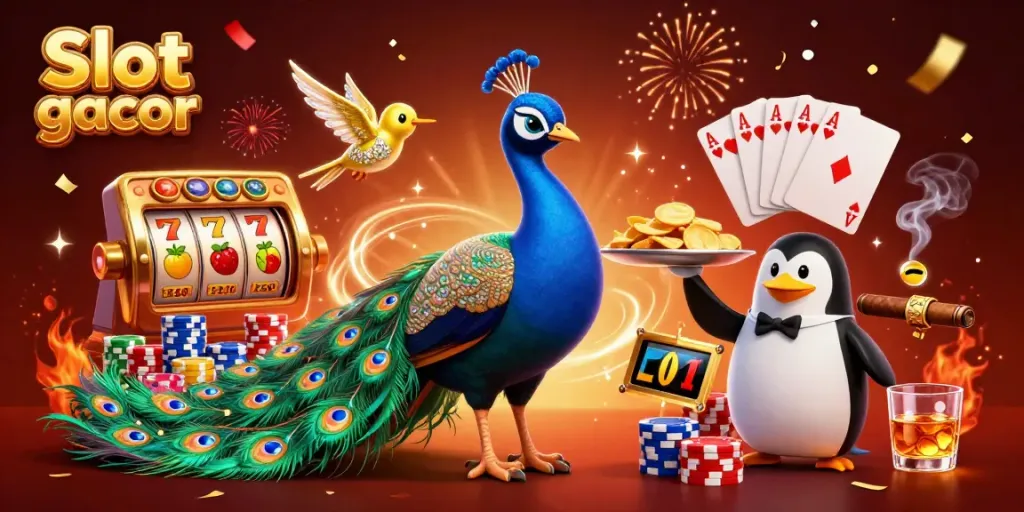 Engage in Slot gacor with festive characters and vibrant casino elements in an illustrated scene.