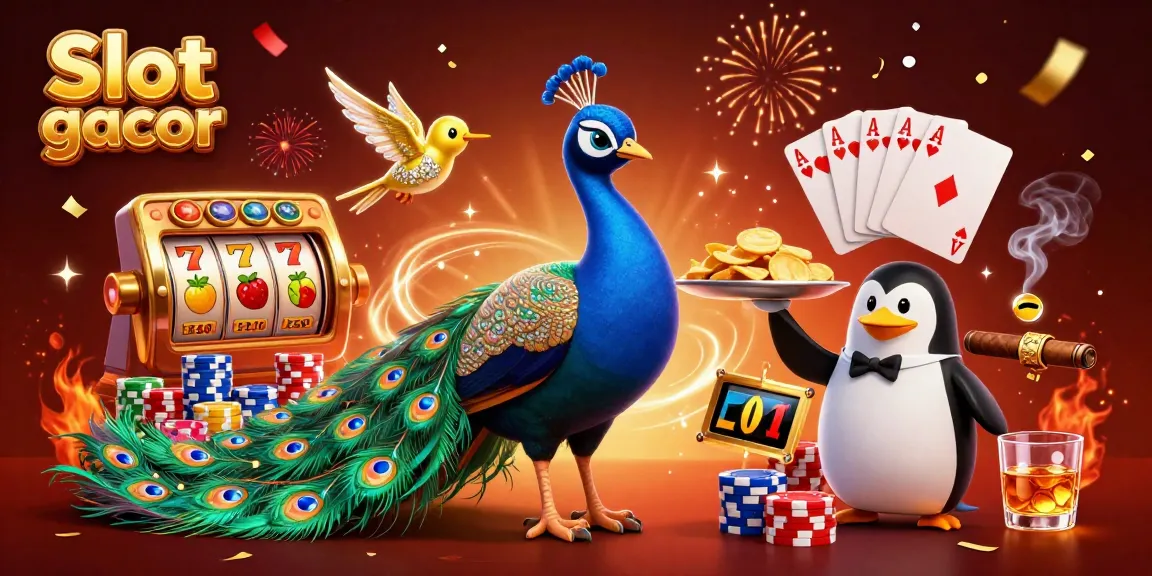 Engage in Slot gacor with festive characters and vibrant casino elements in an illustrated scene.