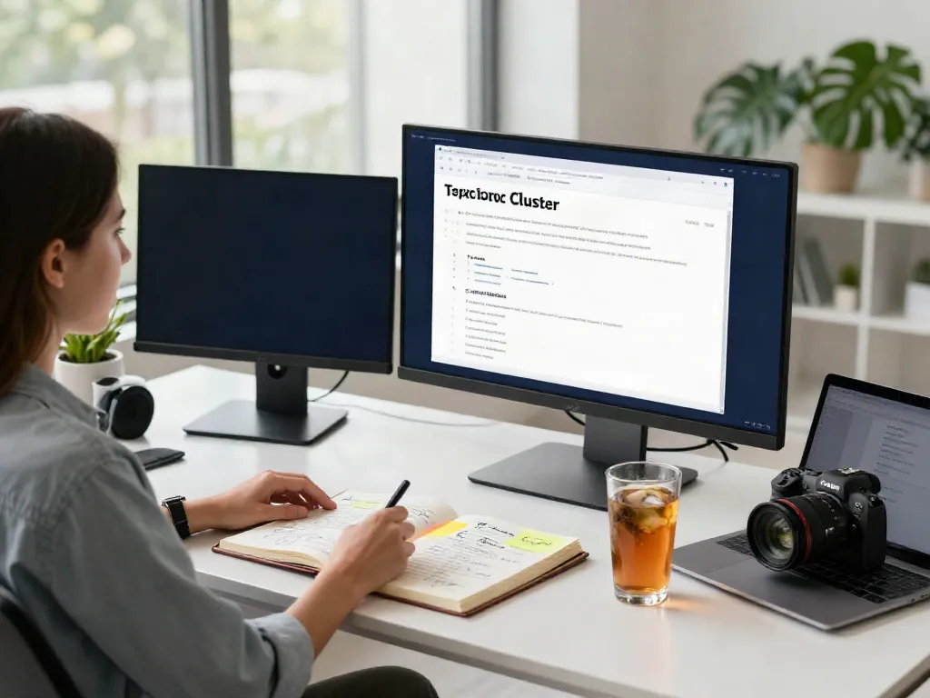 Generate topic cluster articles with AI in a modern digital workspace, showcasing content strategy and organization.