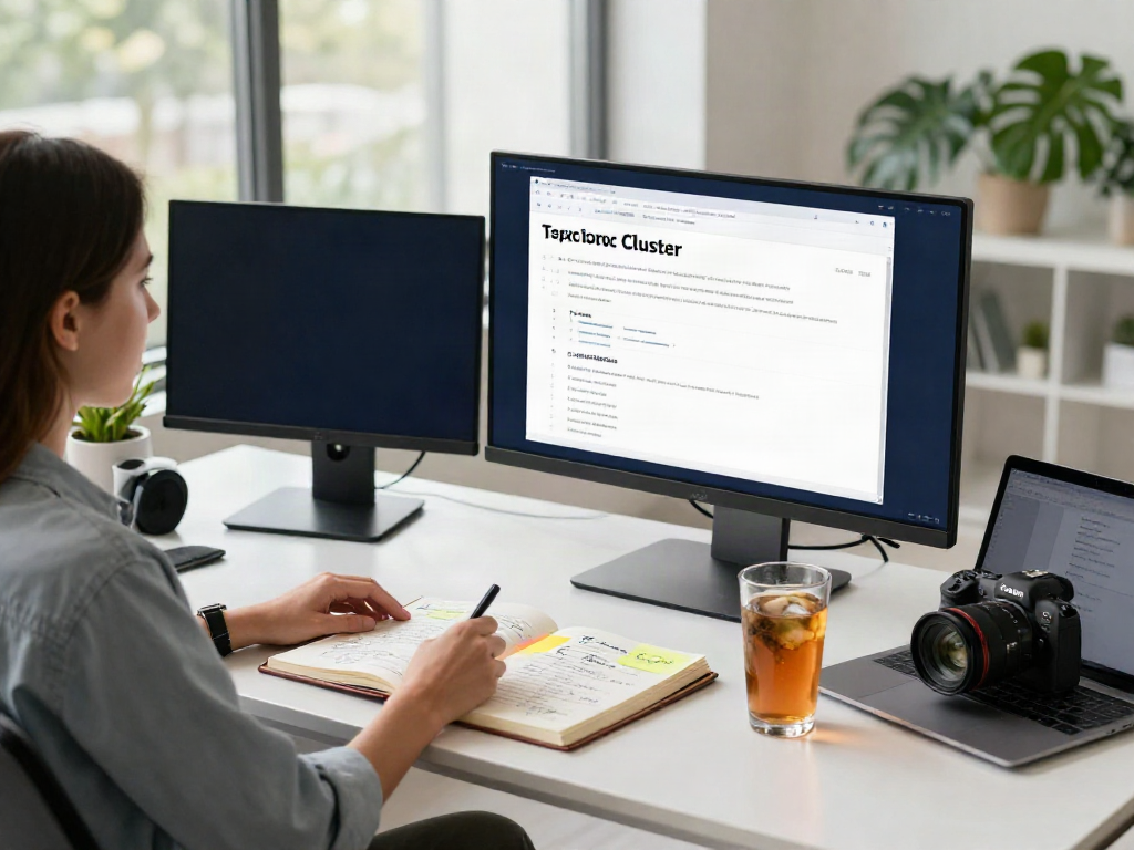Generate topic cluster articles with AI in a modern digital workspace, showcasing content strategy and organization.