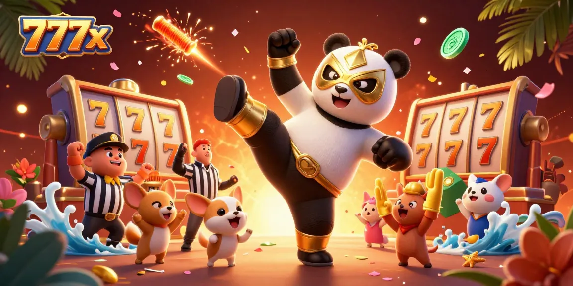 Experience thrilling gameplay at 777x with a panda wrestler and jubilant crowd celebrating casino wins!