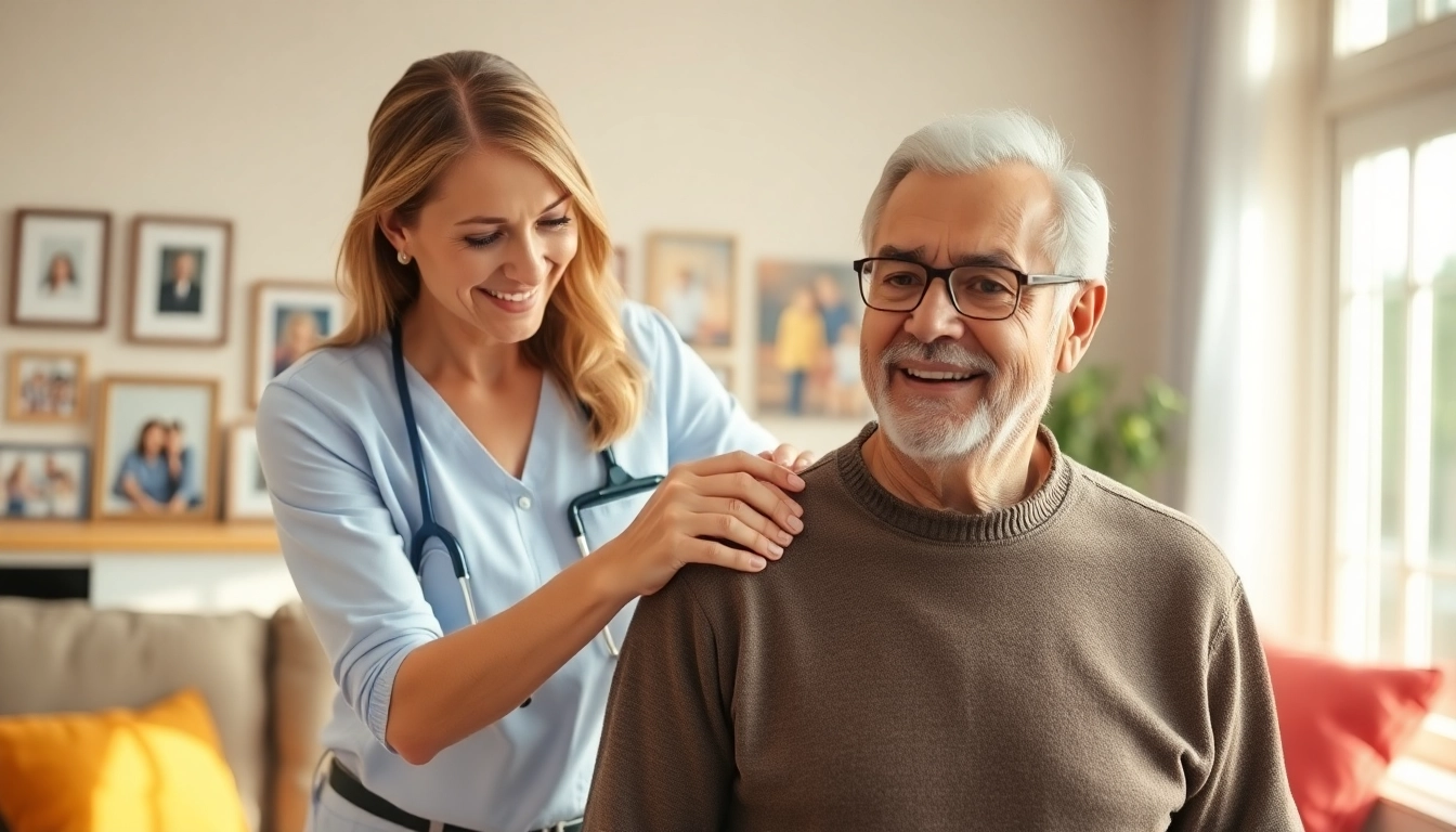 Caring interaction showcasing senior care austin texas with a caregiver supporting a senior client in a warm living room.