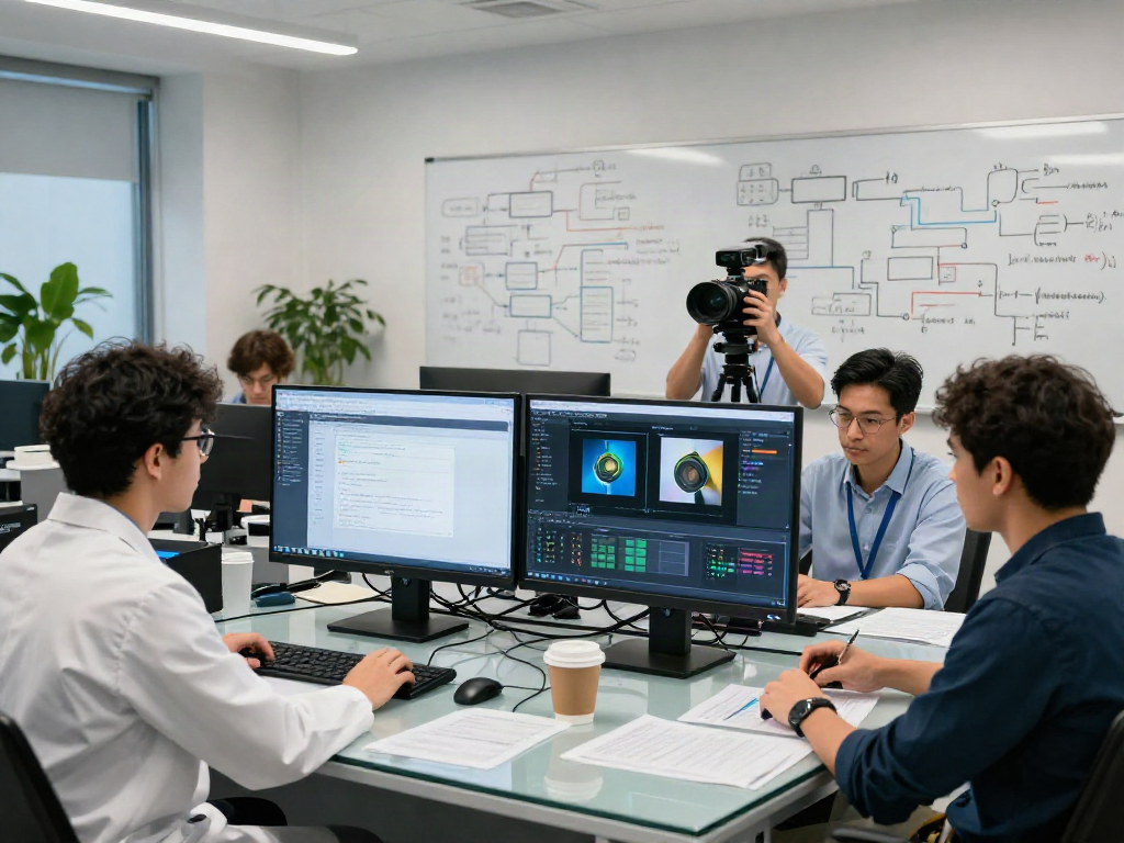 Team using AI Image Detector technology in a modern lab environment.
