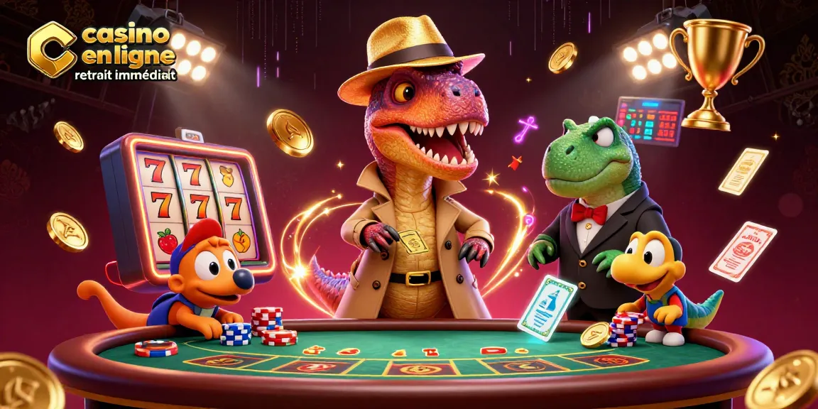 Une scène de casino avec un velociraptor essayant de cacher ses compétences de comptage à blackjack, montrant le casino en ligne retrait immédiat.