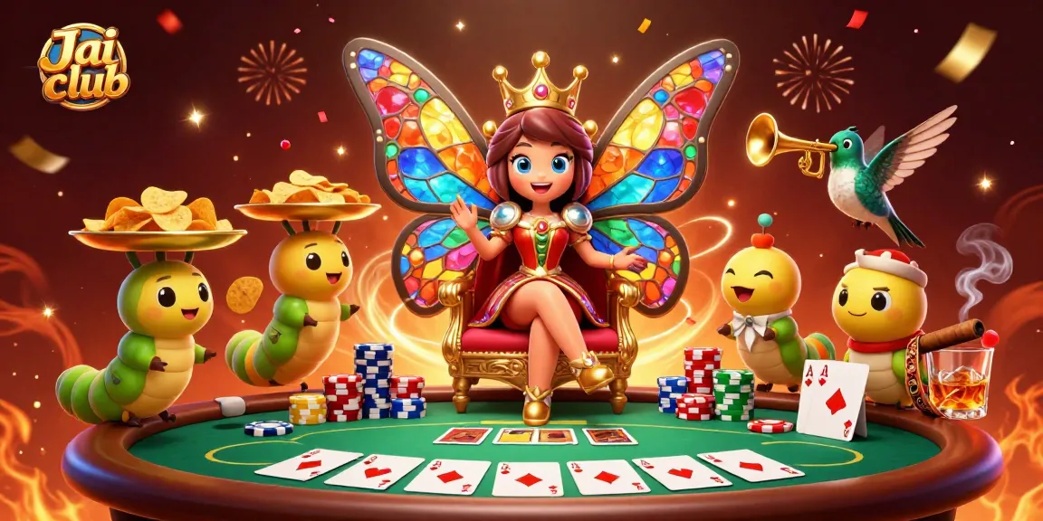 Experience the vibrant action at Jai club with our 3D butterfly queen and poker scene.