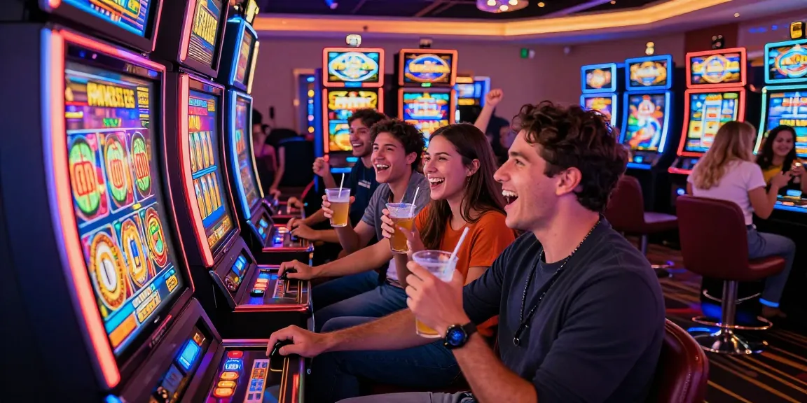 Friends celebrating at a vibrant slot machine, enjoying situs slot excitement in a lively casino atmosphere.