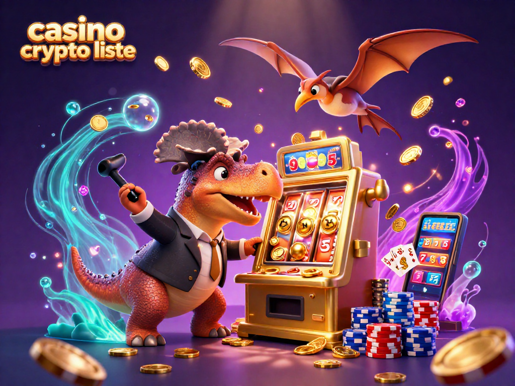 Illustration dynamique d'une liste de casinos crypto avec un pachycéphalosaurus et un gestionnaire ankylo, capturant des jetons d'or.