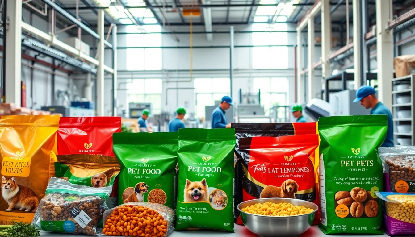 Showcasing the variety of packaging by a pet food packaging company to attract pet owners.