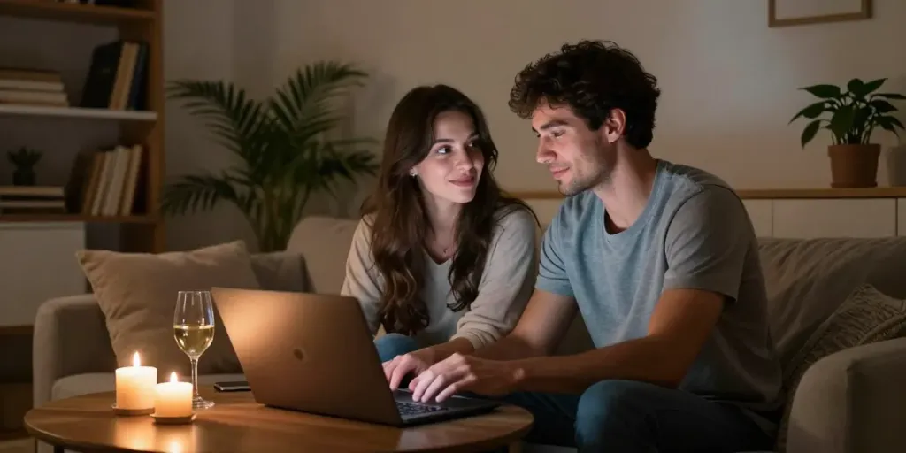 Couple enjoying a live sex chat in a cozy, intimate setting.
