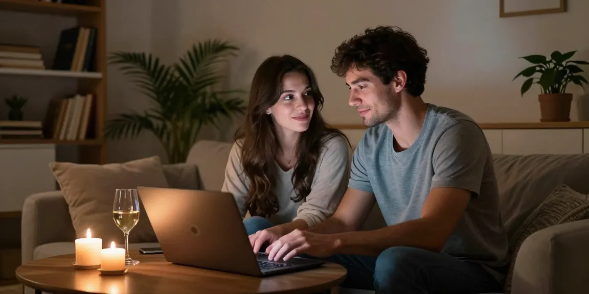 Couple enjoying a live sex chat in a cozy, intimate setting.