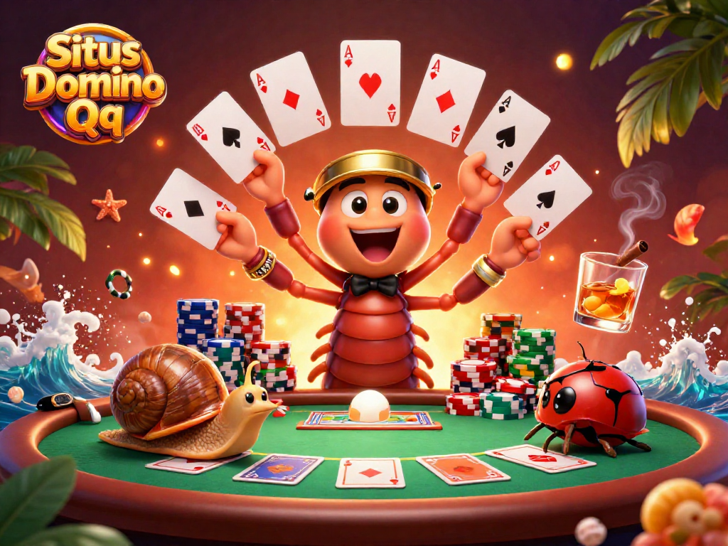 Experience thrilling gameplay at Situs Domino Qq with lively characters and vibrant poker elements.
