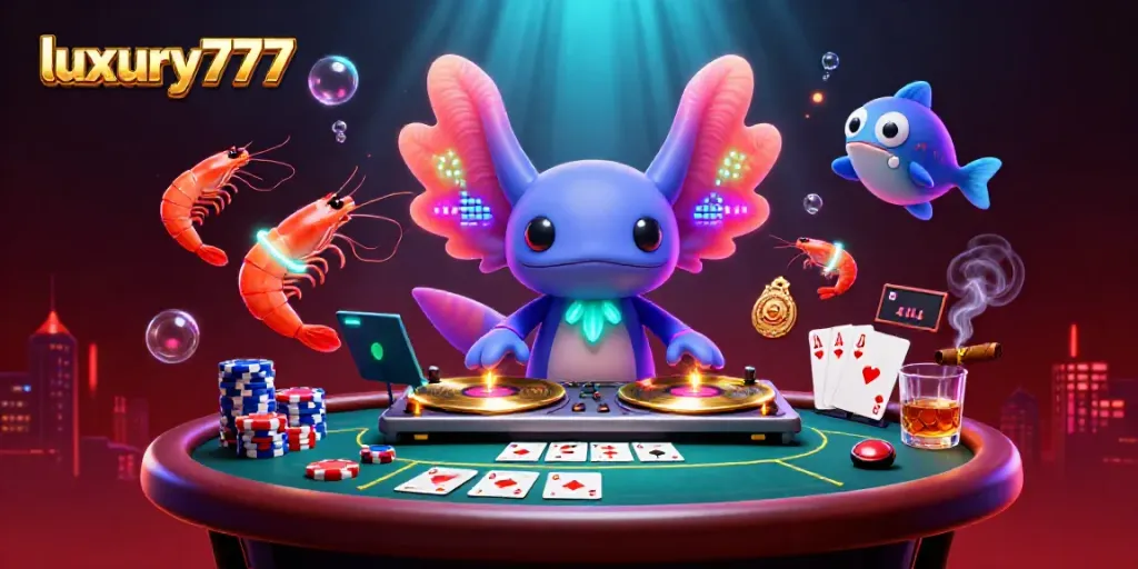 Experience the vibrant luxury777 casino scene with a neon axolotl DJ and gaming elements.