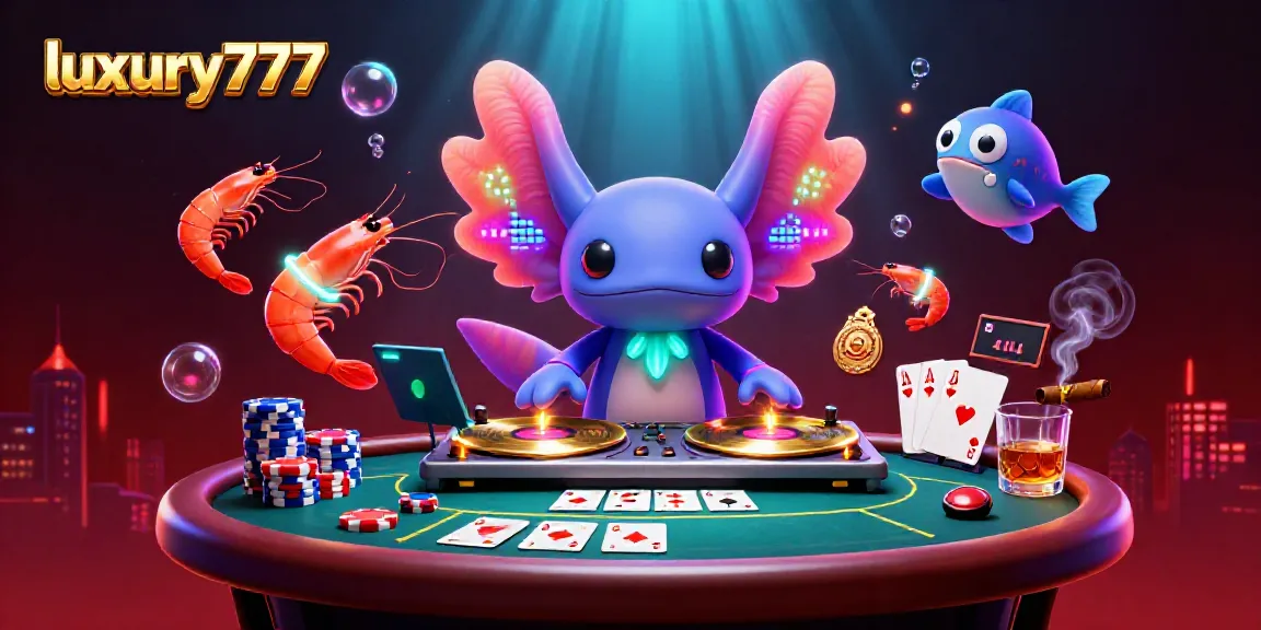 Experience the vibrant luxury777 casino scene with a neon axolotl DJ and gaming elements.