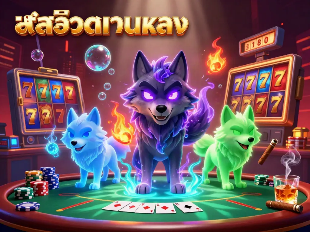 Experience สล็อตเว็บตรง excitement with a shadow wolf and ghostly companions amidst vibrant slots and poker elements.