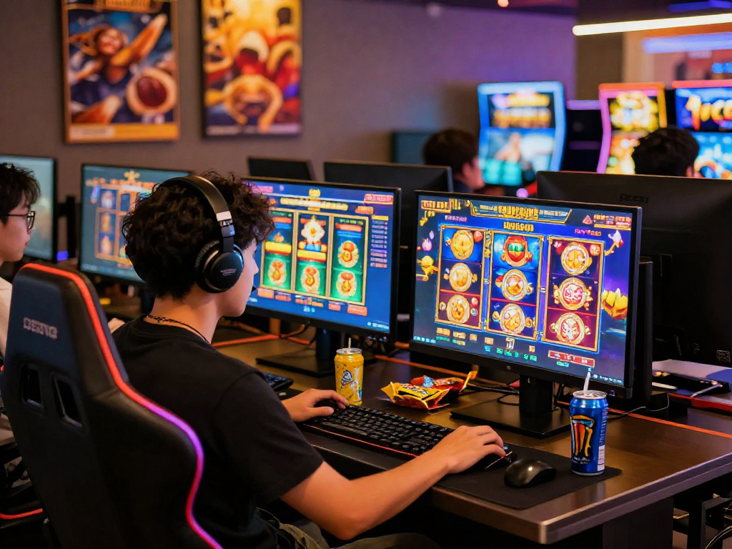 Pengalaman bermain slot gacor di kasino online dengan antarmuka warna-warni dan gamer terlibat di meja gaming.