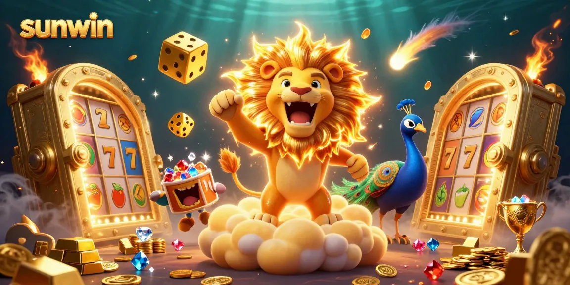 Spin the reels with sunwin’s vibrant 3D casino illustration showcasing golden treasures and energetic characters.