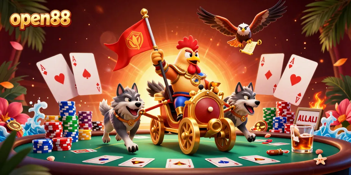 Experience the thrilling action at open88 with a rooster warlord leading a golden chariot in a vibrant casino scene.