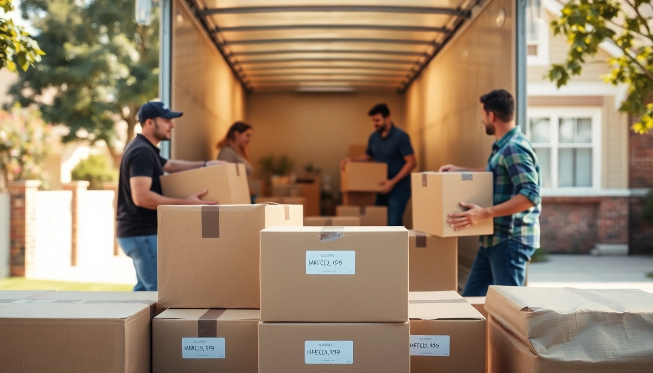 Efficient moving companies near me loading boxes into a truck in a suburban setting.