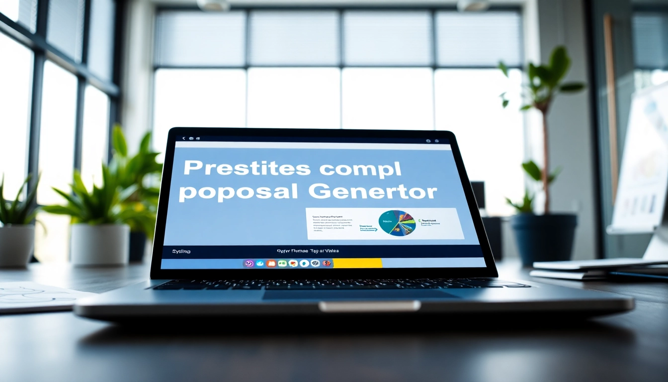 Generate efficient documents with a compliant proposal generator interface on a laptop in a modern office.