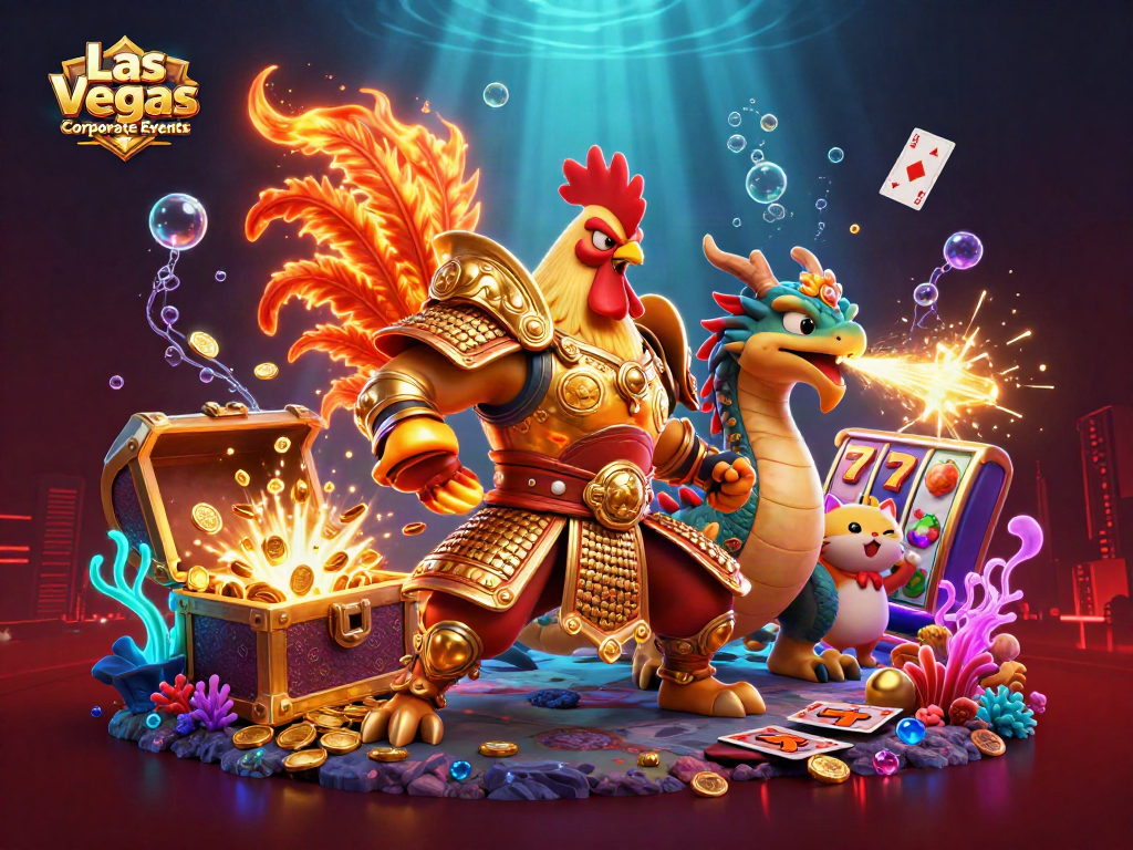 Las Vegas Corporate Events featuring vibrant characters and lively gaming elements in dynamic illustration.
