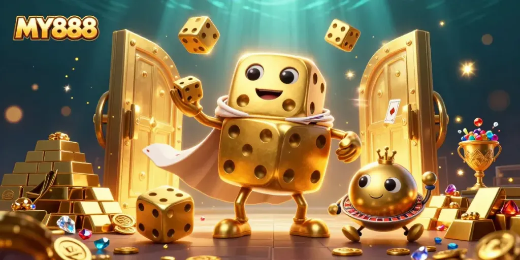 Engage with MY888's vibrant 3D casino adventure, featuring a whimsical golden dice golem juggling winnings.